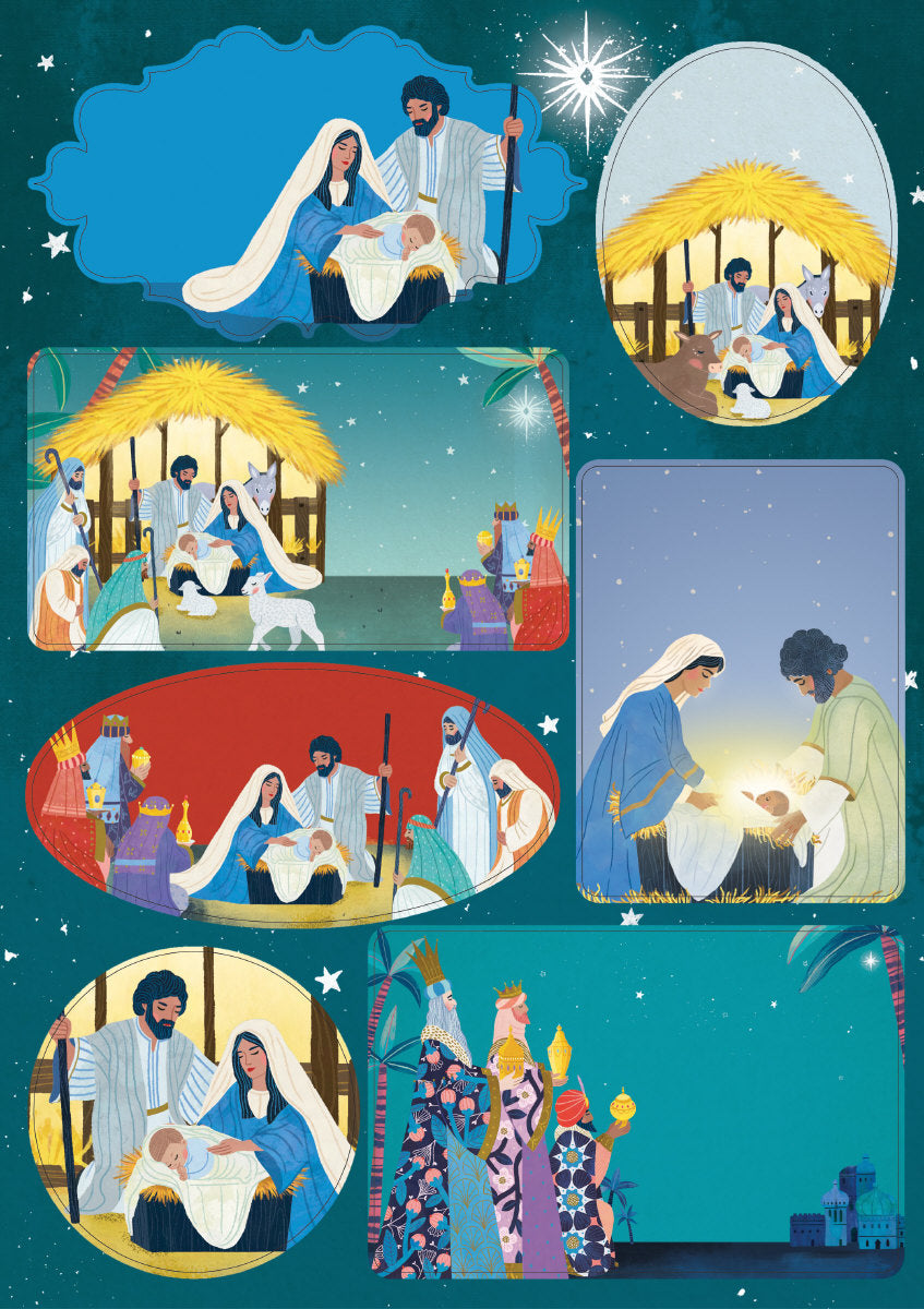 Roger la Borde Away in a Manger Sticker Label Sheets featuring artwork by Antoana Oreski