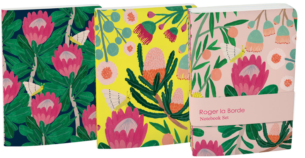 Roger la Borde King Protea A6 Exercise Books set featuring artwork by Kate Pugsley