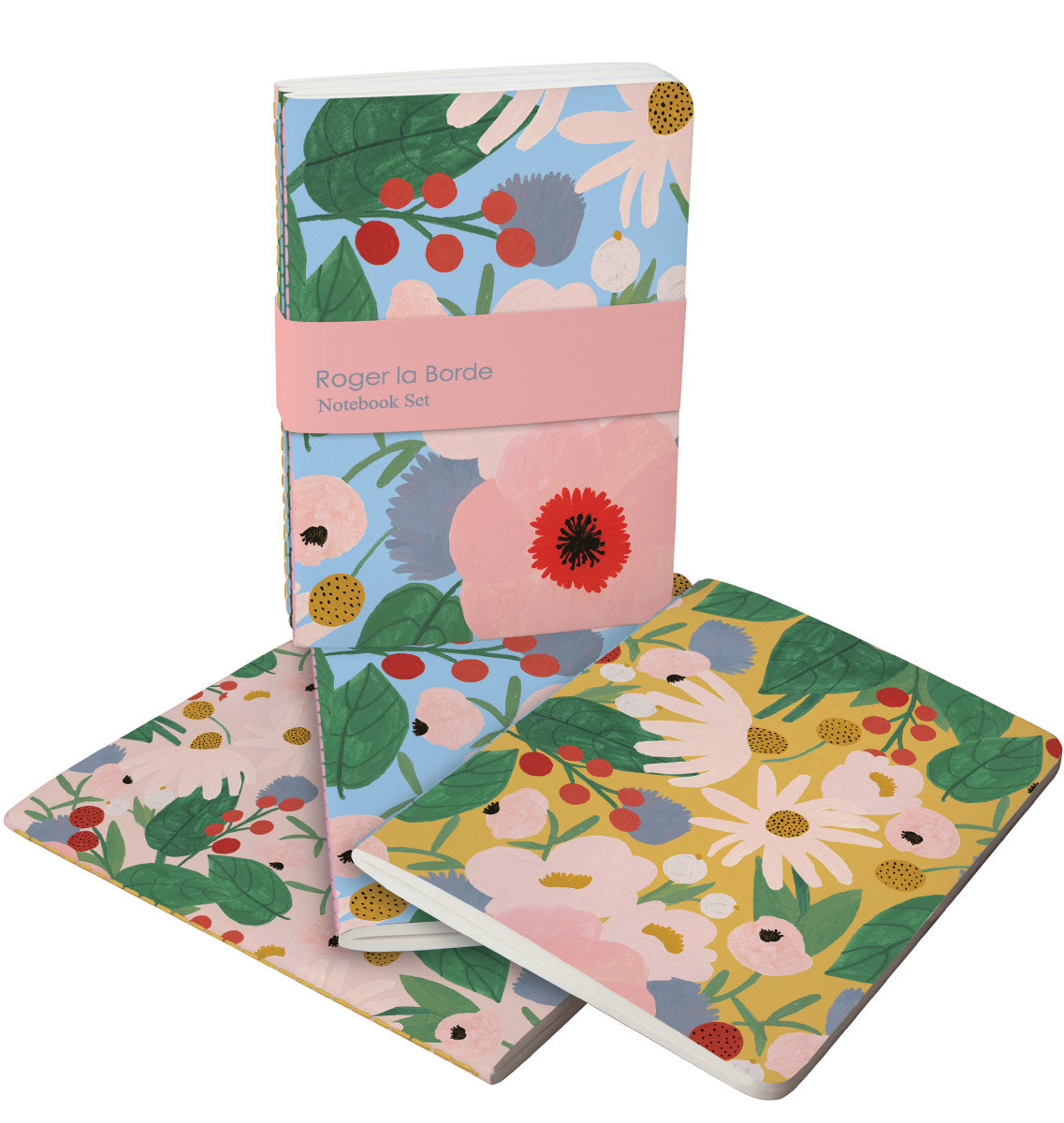 Roger la Borde Big Pink A6 Exercise Books set featuring artwork by Kate Pugsley