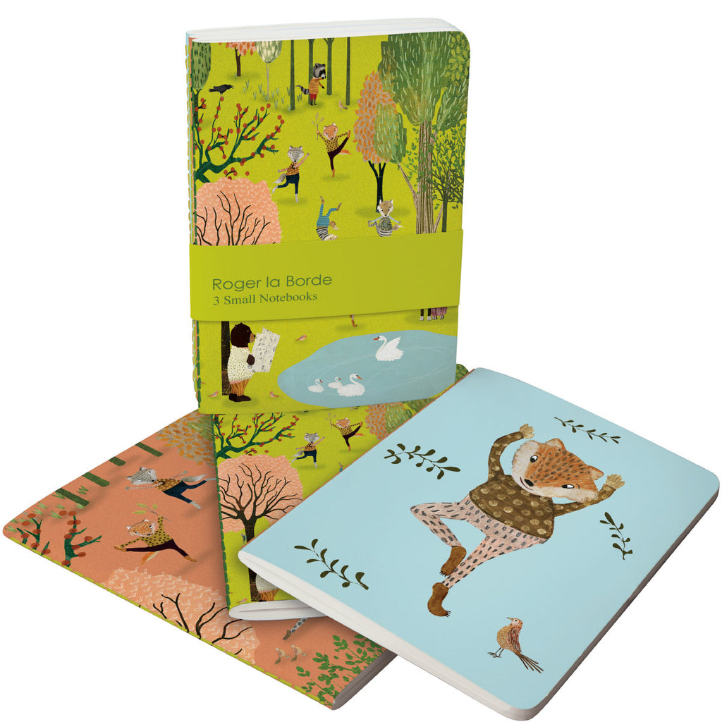 Roger la Borde Yoga in the Park A6 Exercise Books set featuring artwork by Katherine Quinn