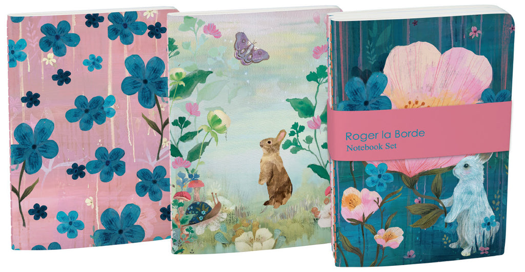 Roger la Borde White Rabbits A6 Exercise Books set featuring artwork by Kendra Binney