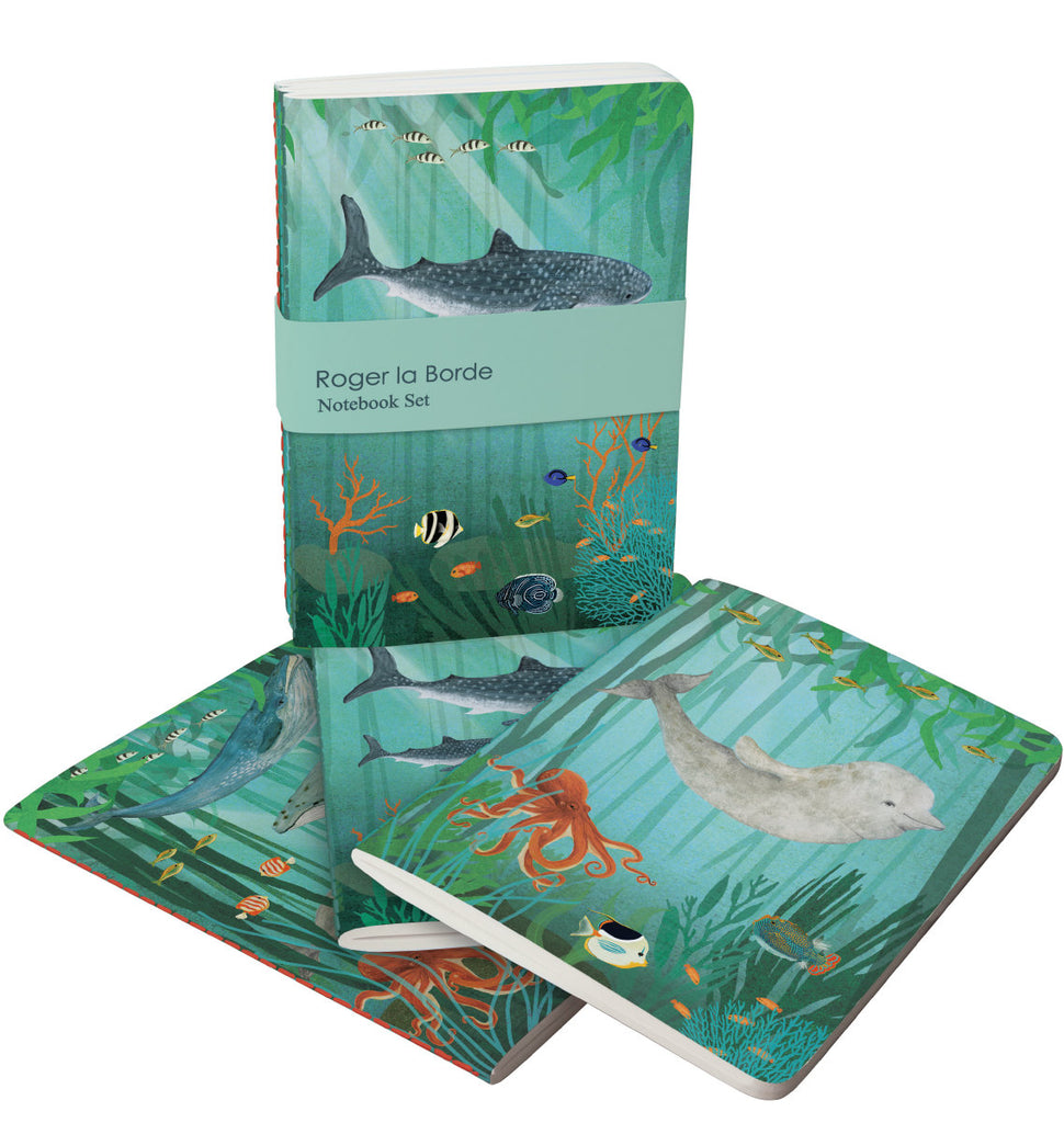 Roger la Borde Whale Song A6 Exercise Books set featuring artwork by Katherine Quinn