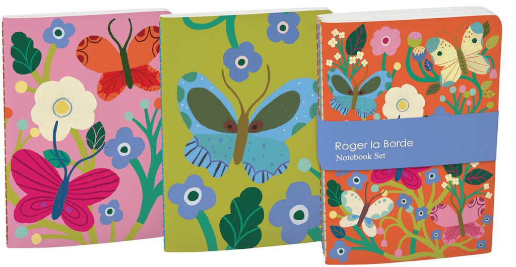Roger la Borde Butterfly Garden A6 Exercise Books set featuring artwork by Monika Forsberg