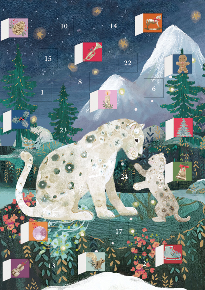 Roger la Borde Snow Leopard Advent Calendar Greeting Card featuring artwork by Kendra Binney