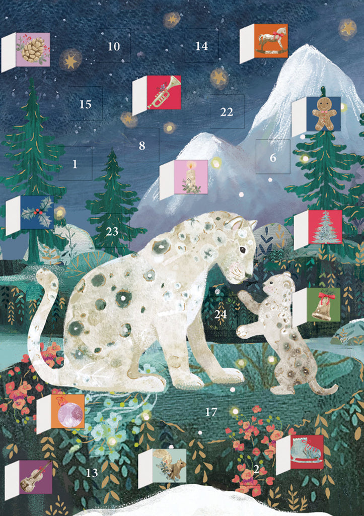 Roger la Borde Snow Leopard Advent Calendar Greeting Card featuring artwork by Kendra Binney