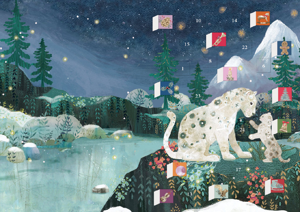 Roger la Borde Snow Leopard Advent Calendar Greeting Card featuring artwork by Kendra Binney