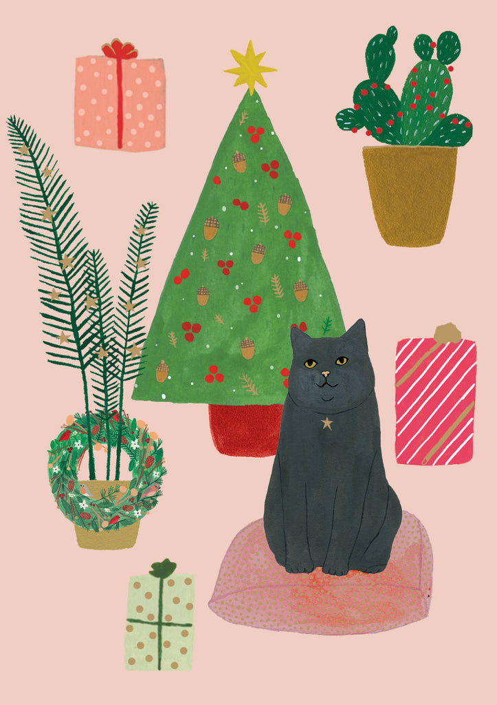 Roger la Borde Chou Chou Chat Standard Christmas Card featuring artwork by Kate Pugsley