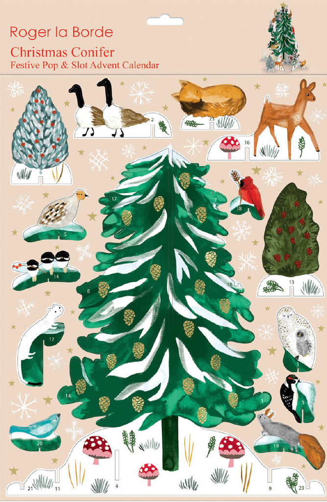 Roger la Borde Christmas Conifer Pop & Slot 3D Advent Calendar featuring artwork by Katie Vernon