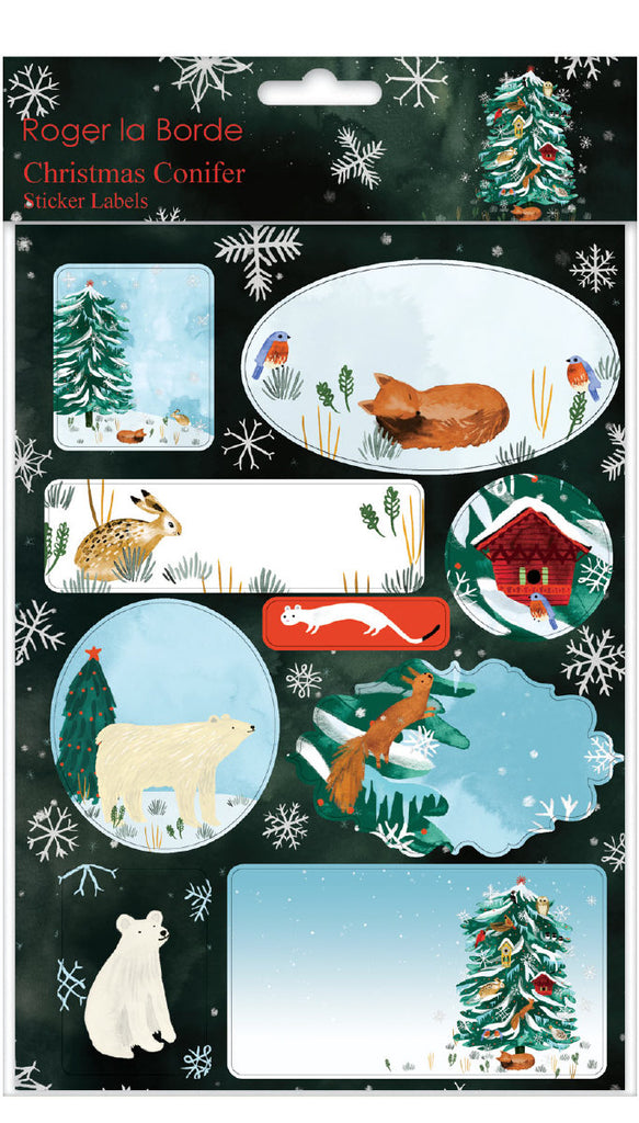 Roger la Borde Christmas Conifer Sticker Labels Sheet featuring artwork by Katie Vernon