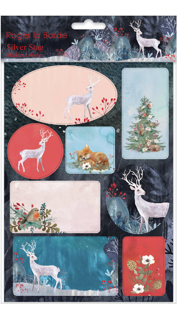 Roger la Borde Silver Stag Sticker Labels Sheet featuring artwork by Kendra Binney