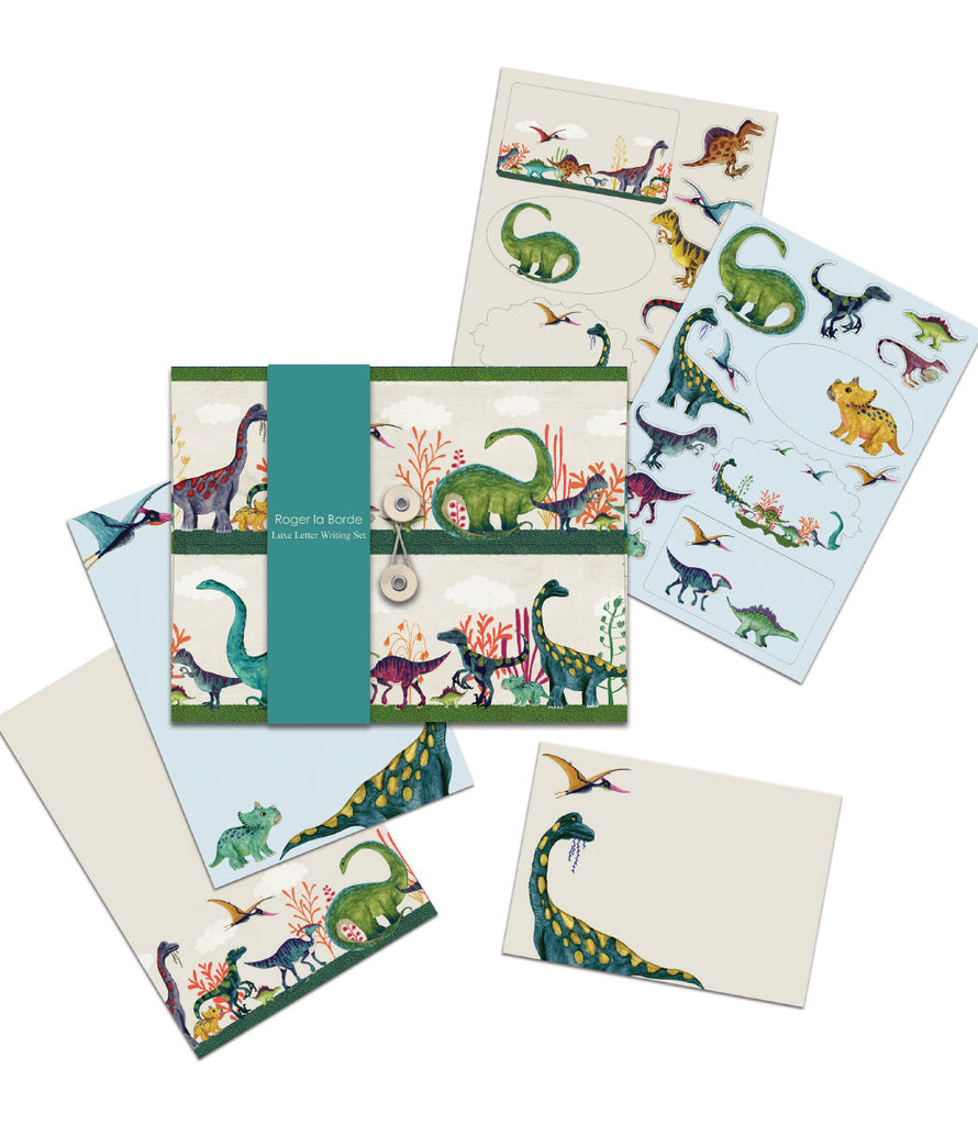 Roger la Borde Dino Mighty Writing Paper Set featuring artwork by Katherine Quinn